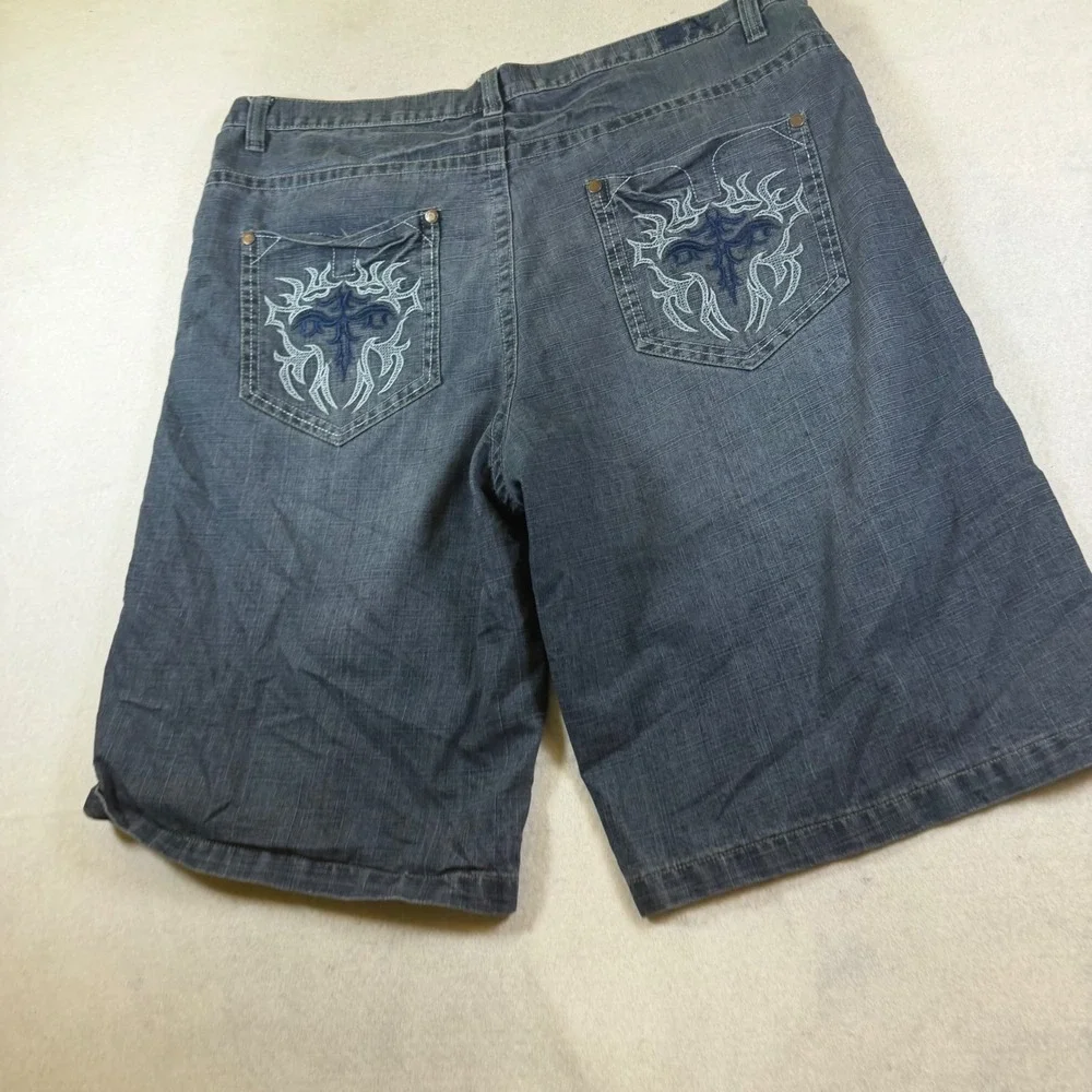 Brooklyn Xpress Mens 44 Baggy Denim Shorts Tribal Embroidered Dark Wash Jorts